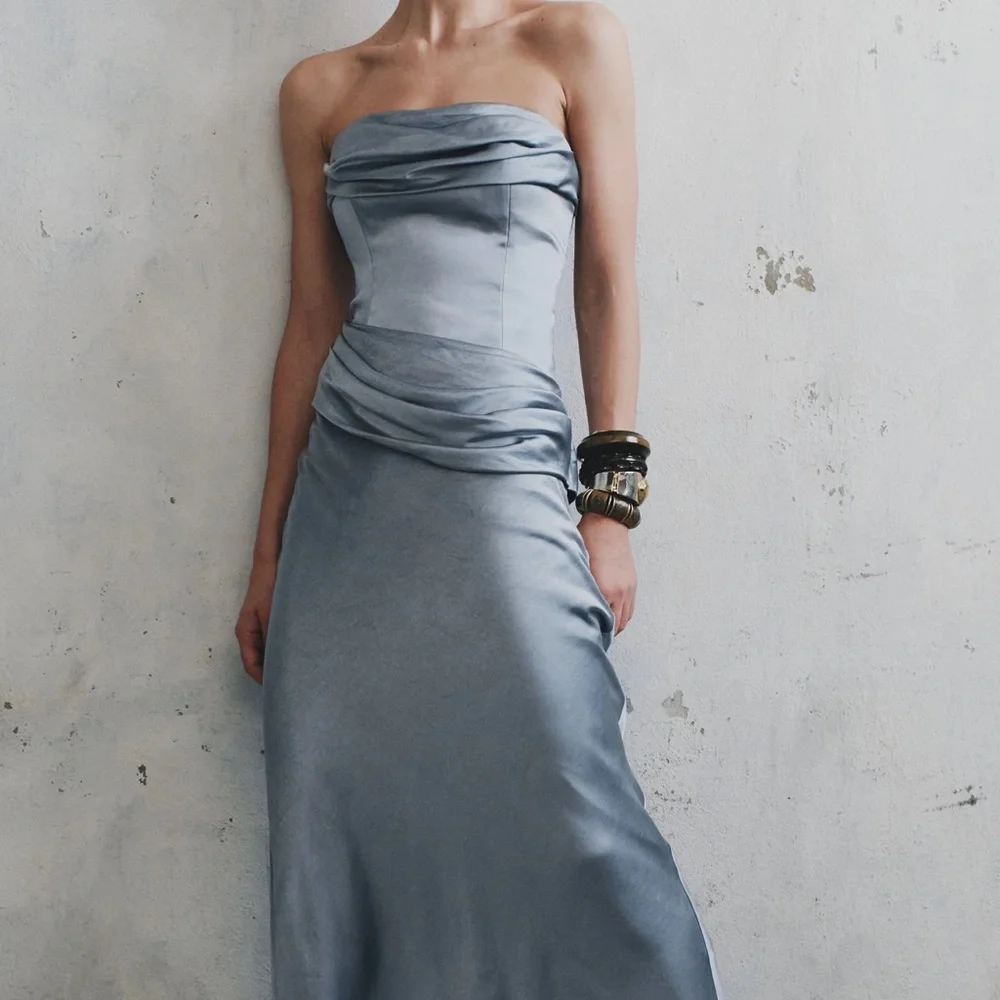 MESHKI Jasmine Strapless Satin Maxi Dress Frosted Blue - Picture 2 of 7
